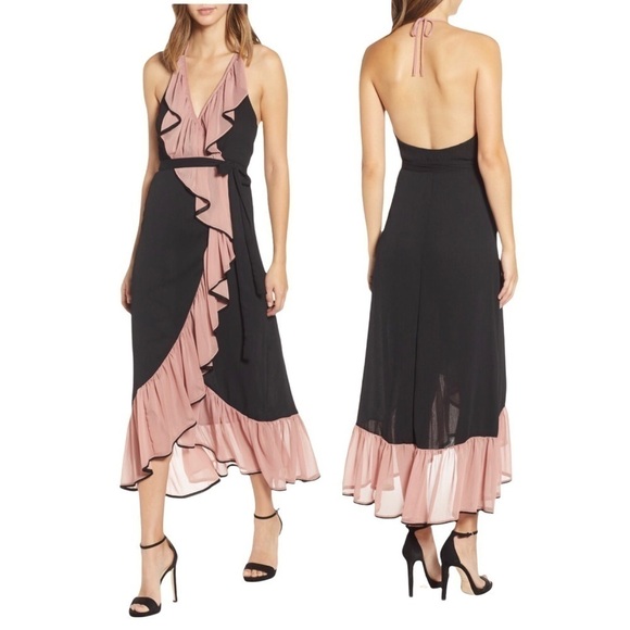 MISA Domanik Ruffle Halter Chiffon Wrap Dress Black Pink - Picture 1 of 12